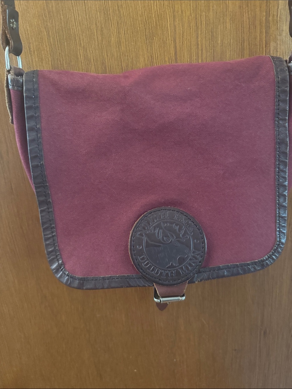 Duluth Trading Co Maroon Canvas Messenger Bag with Brown Trim